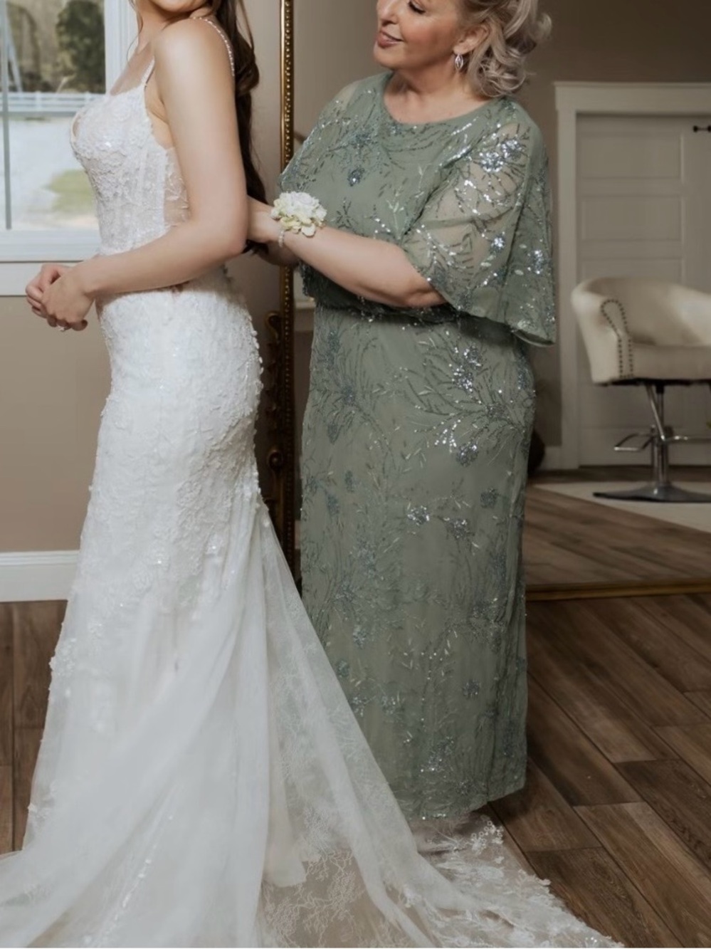 SLNY Dusty Sage Green Sequin Embellished Dress